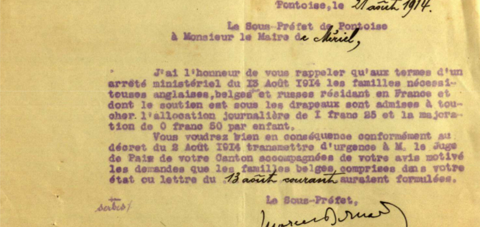 Sous-préfecture de Pontoise, aide aux familles nécessiteuses anglaises, belges et russes. ADVO, E-dépôt9 4H6