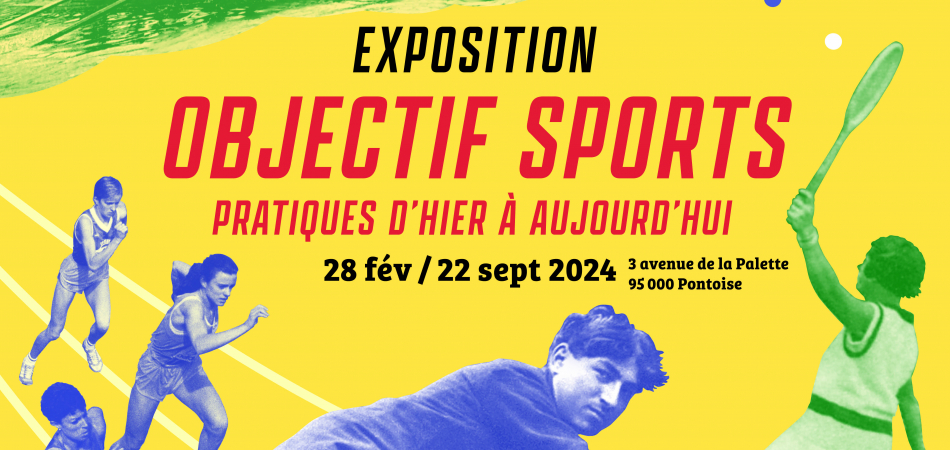 Affiche de l'exposition : des silhouettes pratiquant différents sports.